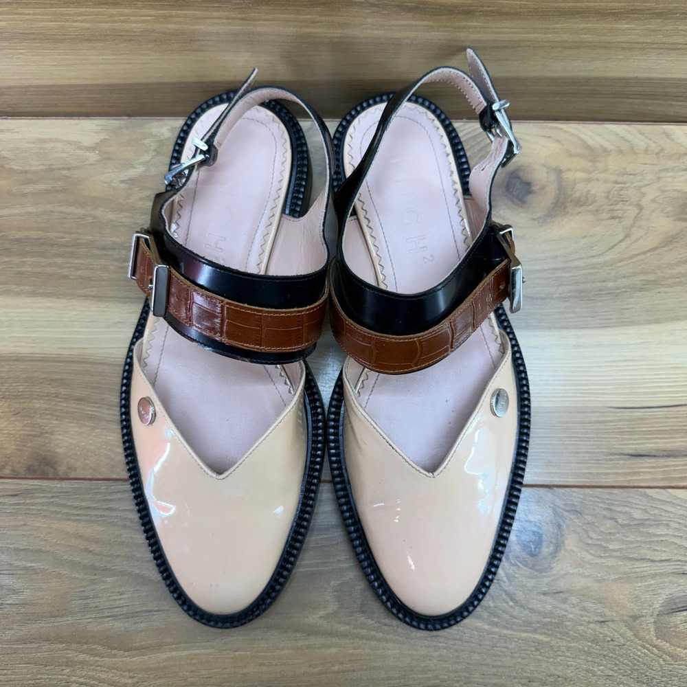 INCH2 Slingback Flats Womens 8 8.5 EU 39 Nude Patent Leather Croc Buckles Modern
